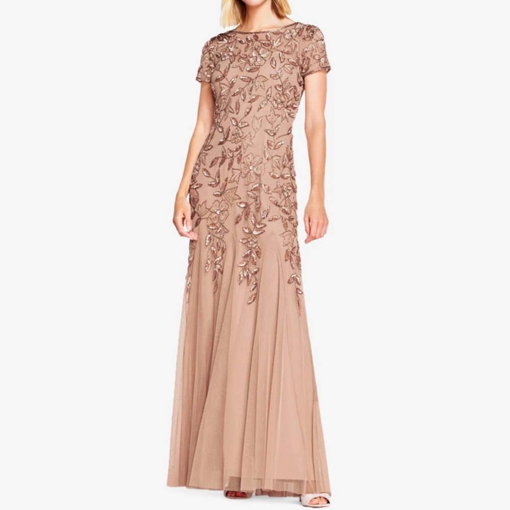 Adrianna Papell Hand Beaded Short Sleeve Floral Godet Gown in Rose Gold.